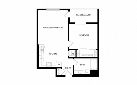 Floor plan for 1 bed, 1 bath, 714 sqft